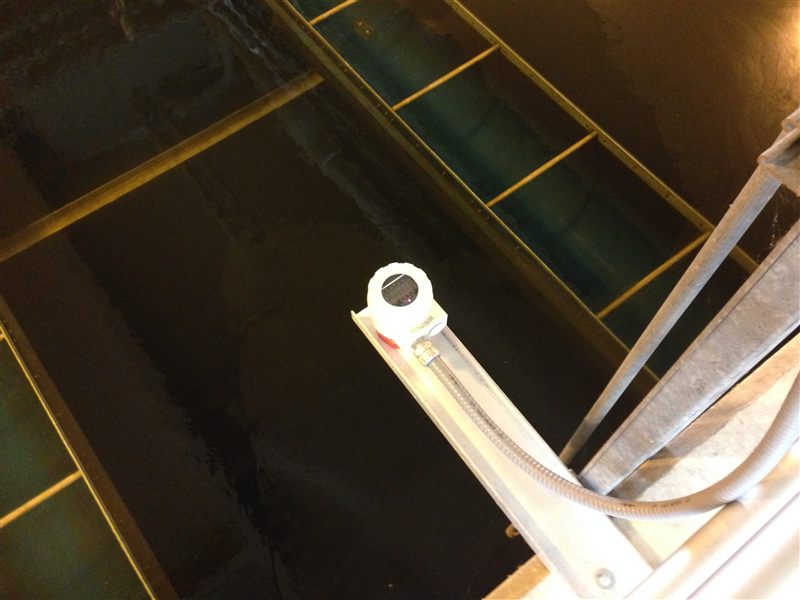 Ultrasonic level sensor installed at a water treatment plant, radar level transmitters like the VEGA VEGAPULS 64 are used in the same process level measurement applications